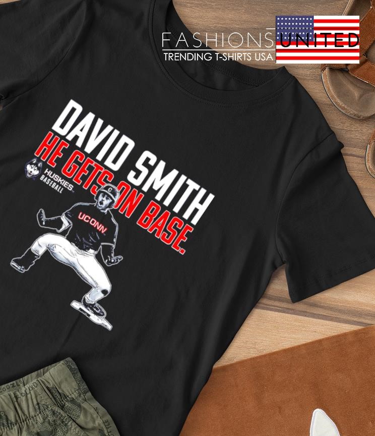 David Smith he gets on base Huskies baseball shirt
